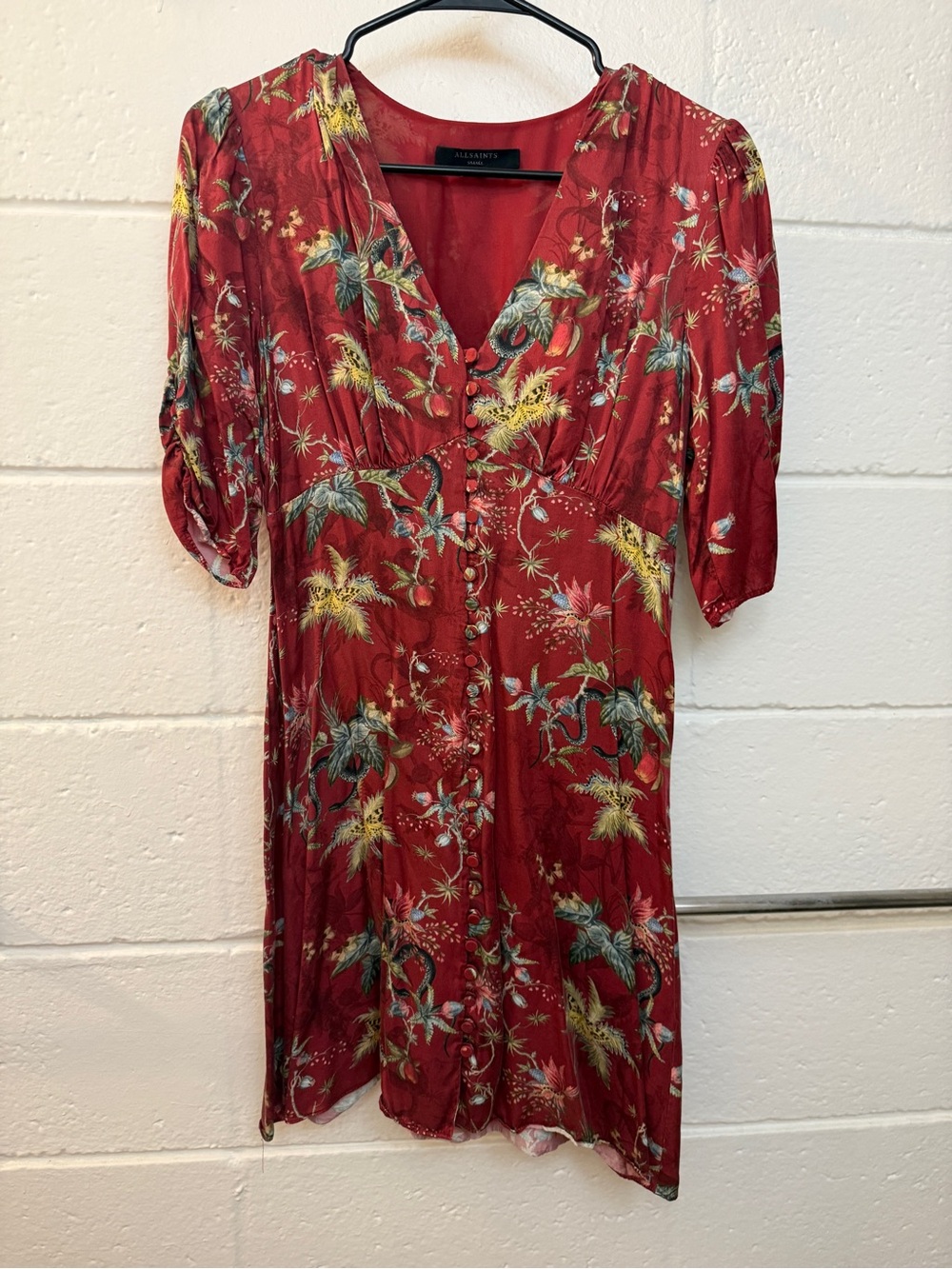 AllSaints Red Floral Button-Front V-Neck Dress